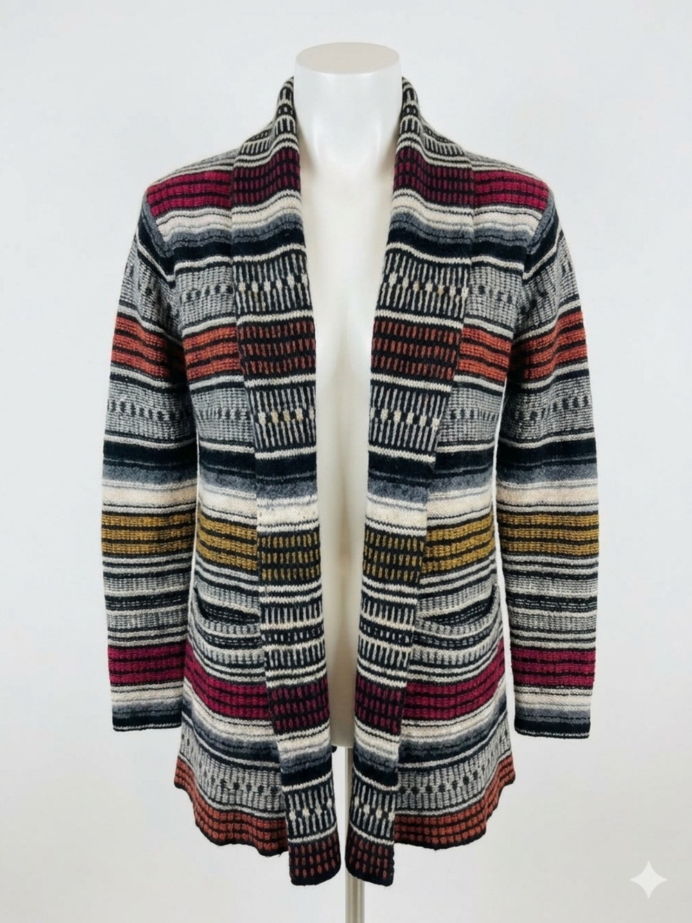 BCBGMaxAzria Striped Open-Front Cardigan in Black, Cream, Pink & Gold